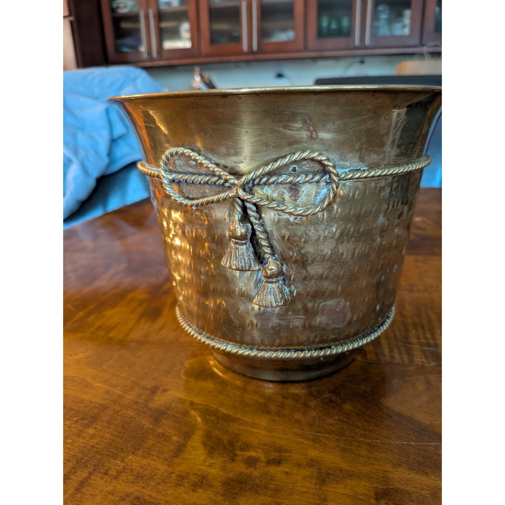 Vintage Hammered Brass Planter Pot with Rope Bow and Tassel Detail